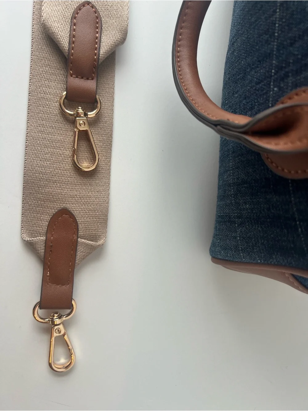 True Religion Denim Satchel in Dark Blue with Brown Trim & Gold Hardware